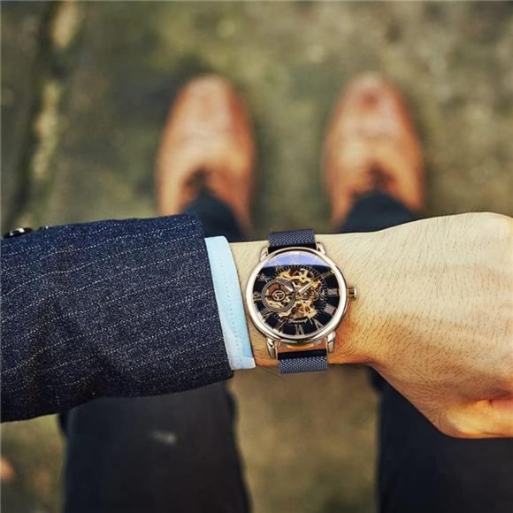 Men's Skeleton Watch Steampunk Watch Mechanical Watch for Men, Black Golden - Picture 3 of 7